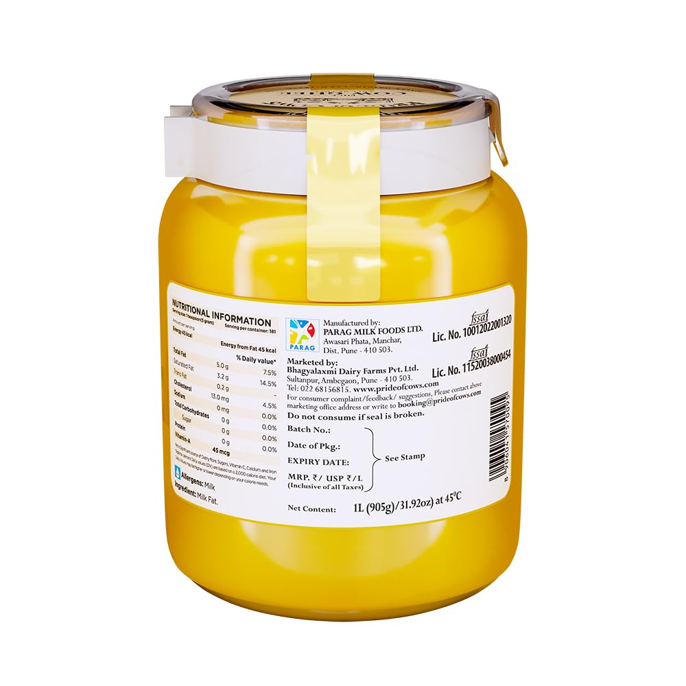 Premium Desi Cow Ghee By Pride Of Cows | High In Vitamins A, D & Healthy Desi Ghee Good For Cooking | (1 Litr) 33.8 Ounce | Jar Pack