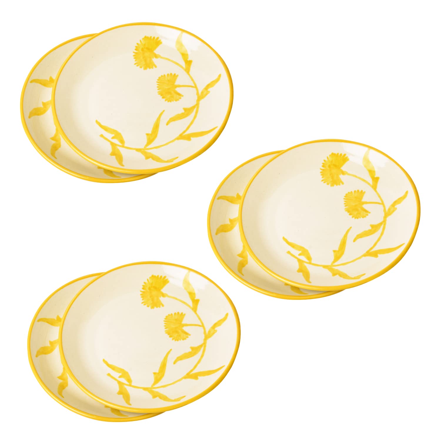 Hand Painted Ceramic Floral Dinner Serving Plates Set Of 6 - Yellow & Off White, Diameter: 10 Inches | Full Plates - The Lucid Yellow Collection