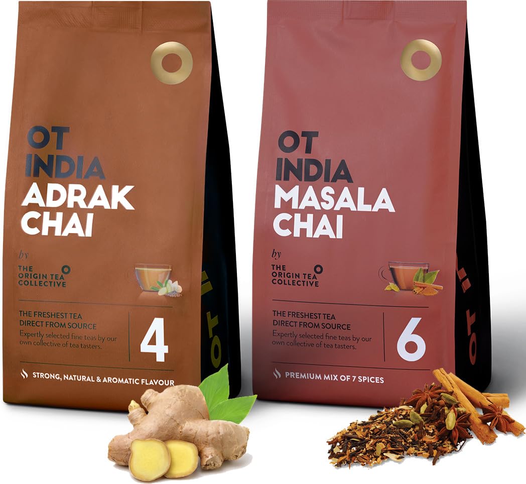 OT India Adrak Chai + Masala Chai - Pack Of 2 X 250gm, 8.8 Ounce Each | Ginger Tea & Premium Mix Of 7 Spices Tea - Strong, Natural & Aromatic Flavor | Caffeine Free