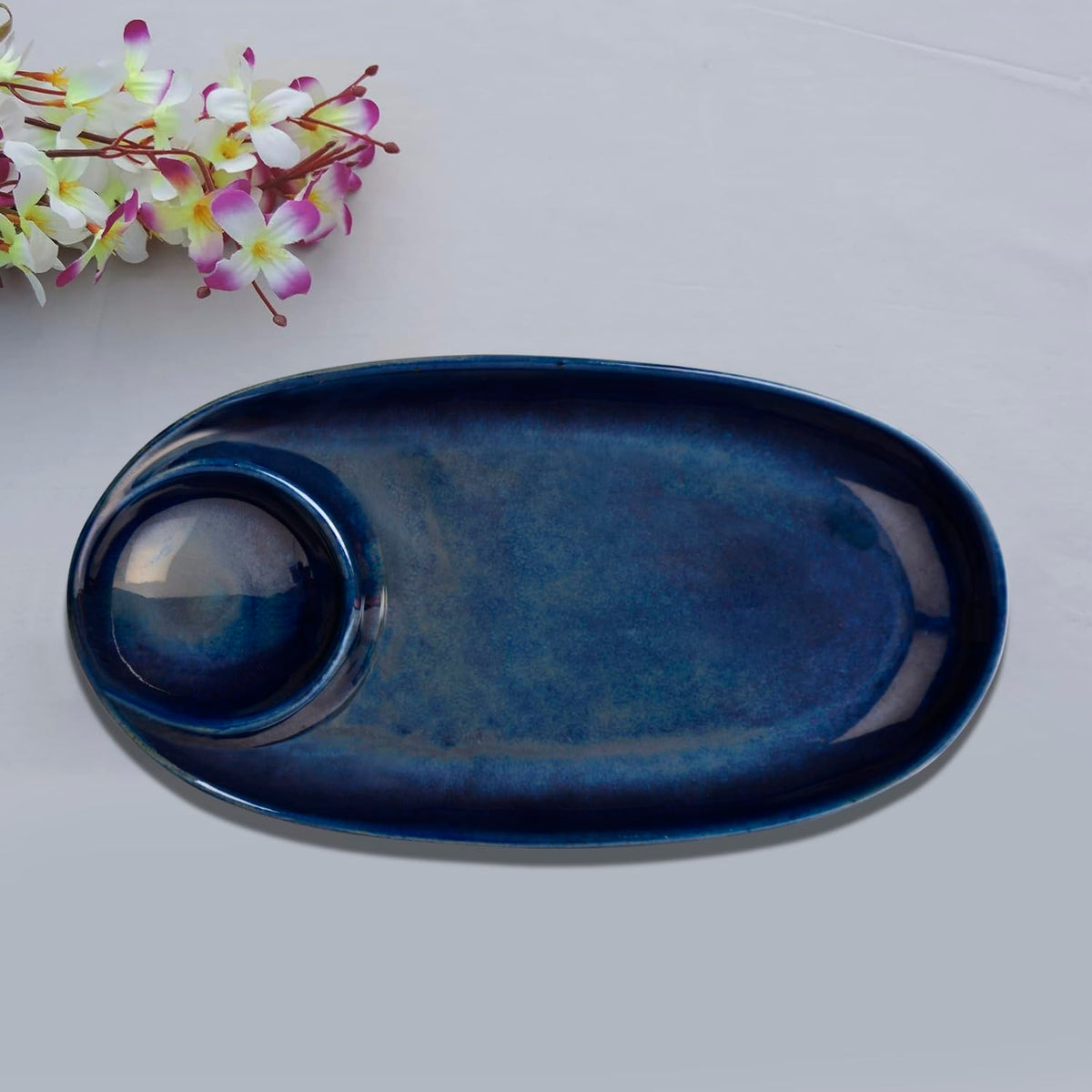 Premium Hand Glazed Ceramic Chip & Dip Platter With Fixed Dip Bowl - Botz Blue, L X B - 28 X 14 Cm, 550 Gm | Starter Serving Platter - Kebab Platter