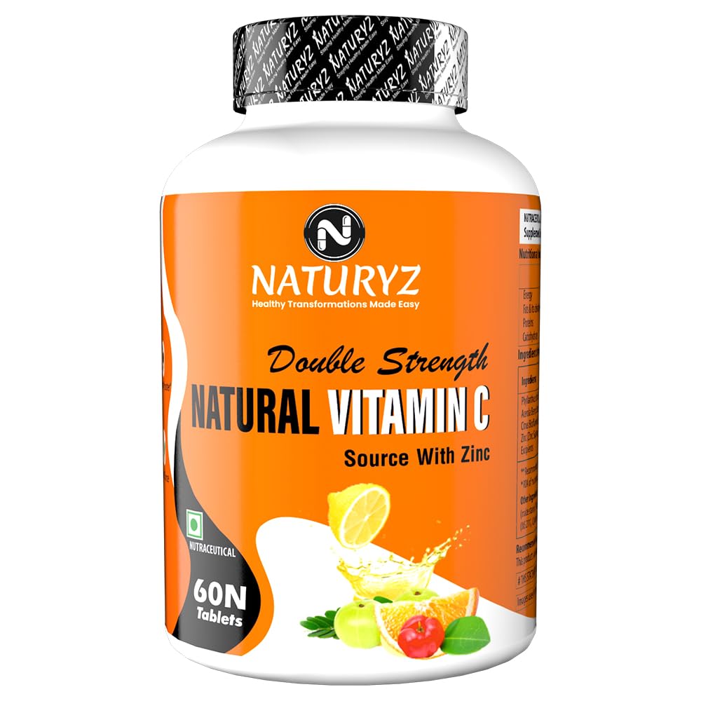 Naturyz Double Strength Natural Vitamin C & Zinc Supplement 1250 Mg With Amla, Acerola Cherry, Citrus Bioflavonoids For Immunity Support & Skincare | 60 Tablets , 100gm 0.2lbs