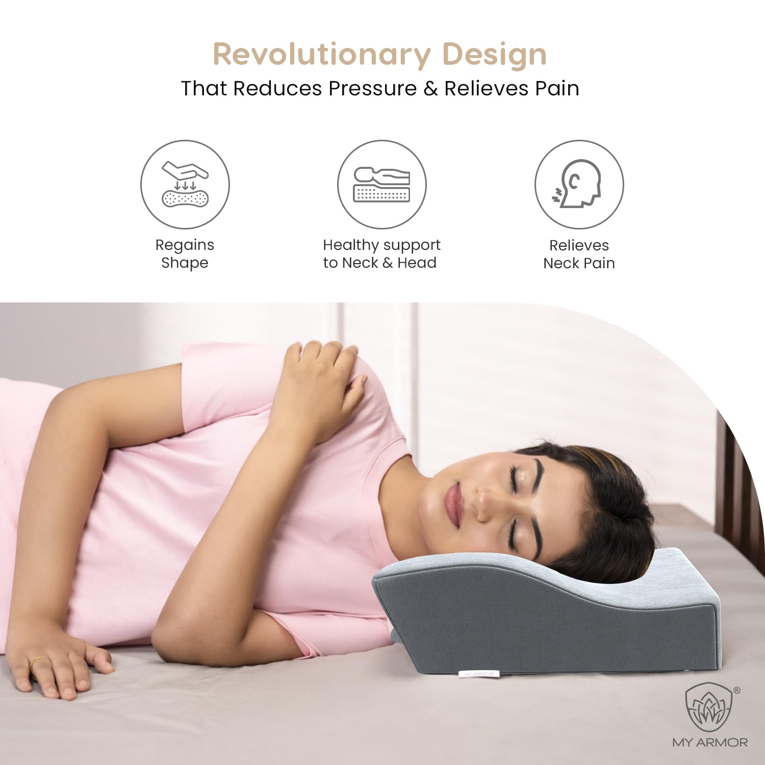 Cool Gel Cervical Pillow For Neck Pain & Shoulder Pain, Standard Size - 4 Inch | Spondylitis Neck, Orthopedic Memory Foam Pillow For Sleeping, Dual Height, With Washable Grey Velvet Cover