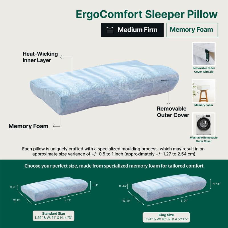 Cervical Pillow For Neck & Shoulder Pain, Memory Foam Pillow For Sleeping, Sky-Blue - Standard Size | Ergonomic Pillow For Head Pain & Back Pain Relief - Adjustable Pillow, Washable Cover