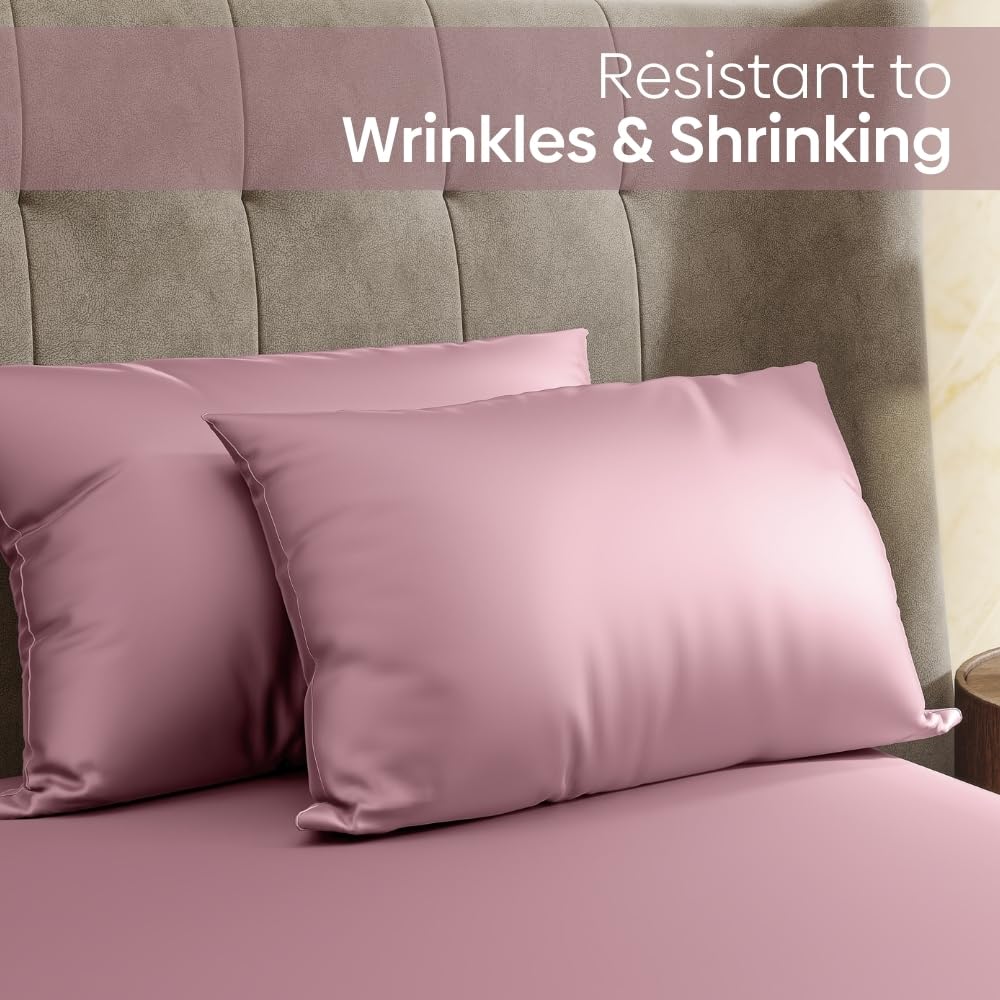 300 TC Premium Double Bedsheet Elastic Fitted For Queen Size | 60 X 78 X 10 Inches, Muted Rose With 2 Pillow Covers | Skin Friendly Fabric For Everyday Comfort
