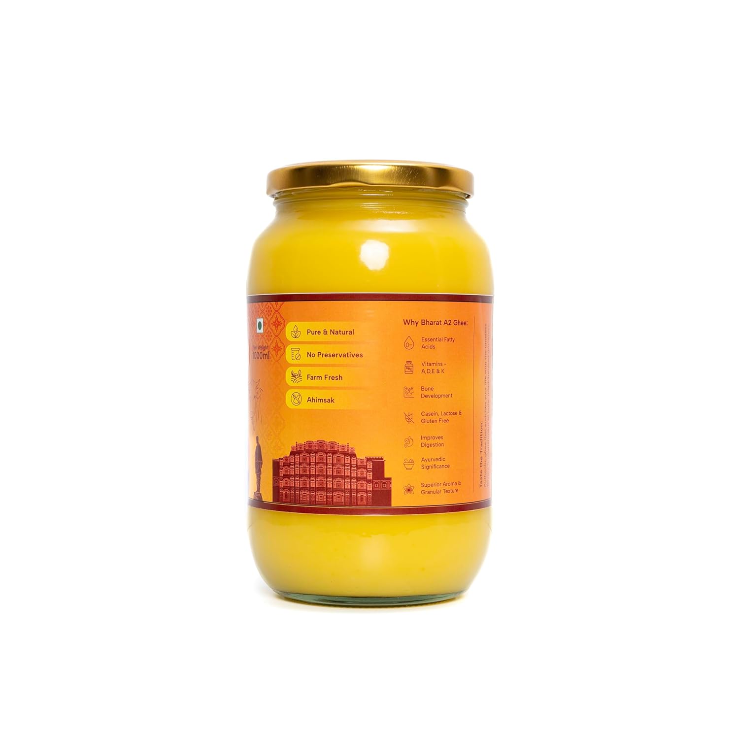 Pure Natural A2 Gir Cow Ghee By Bharatfarms | Traditional Curd Churned Vedic Bilona Method Danedar Ghee For Supports Digestion | (1 Litr) 33.8 Ounce | Jar Pack