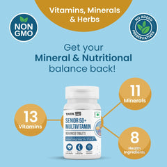 Tata 1mg Senior 50+ Multivitamin & Multimineral Veg Tablet With Zinc, Vitamin C, D, Calcium, Supports Strength & Overall Health For Unisex | 60 Tablets , 100gm 0.2lbs