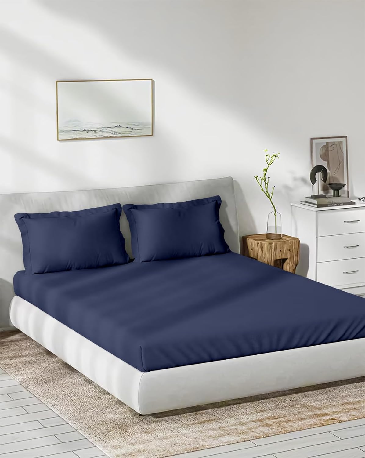 Double Bedsheet For Queen Size With 2 Pillow Cover - 48 X 75 Inches, Mediterranean Blue | All Round Elastic Fitted Bedsheet | Soft, Breathable, Smooth & Luxurious Feel