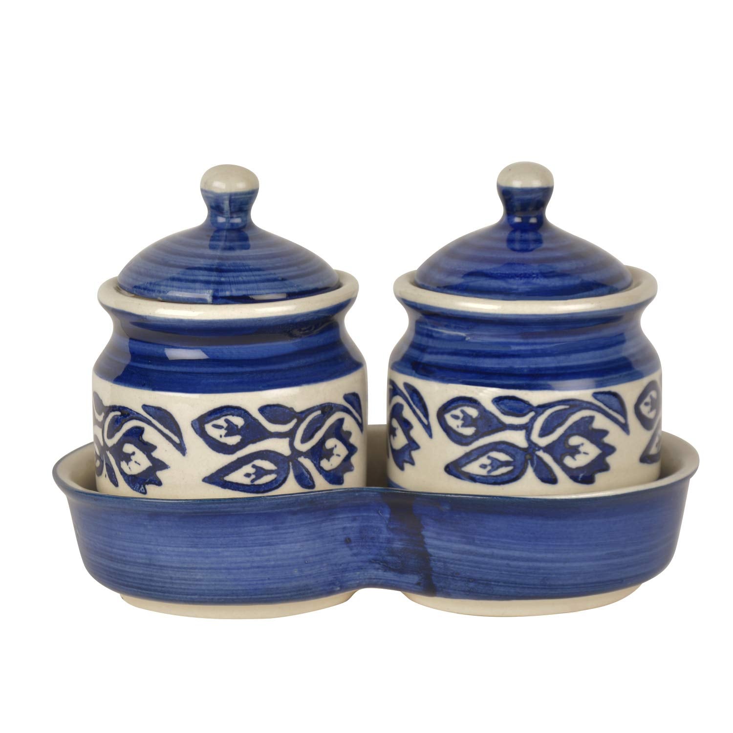 Ceramic Pickle Serving Jar Set With Tray Set Of 2 - 200ml Each, Blue & White | Condiment Set - Pickle Jar Set For Dining Table | Masala Container