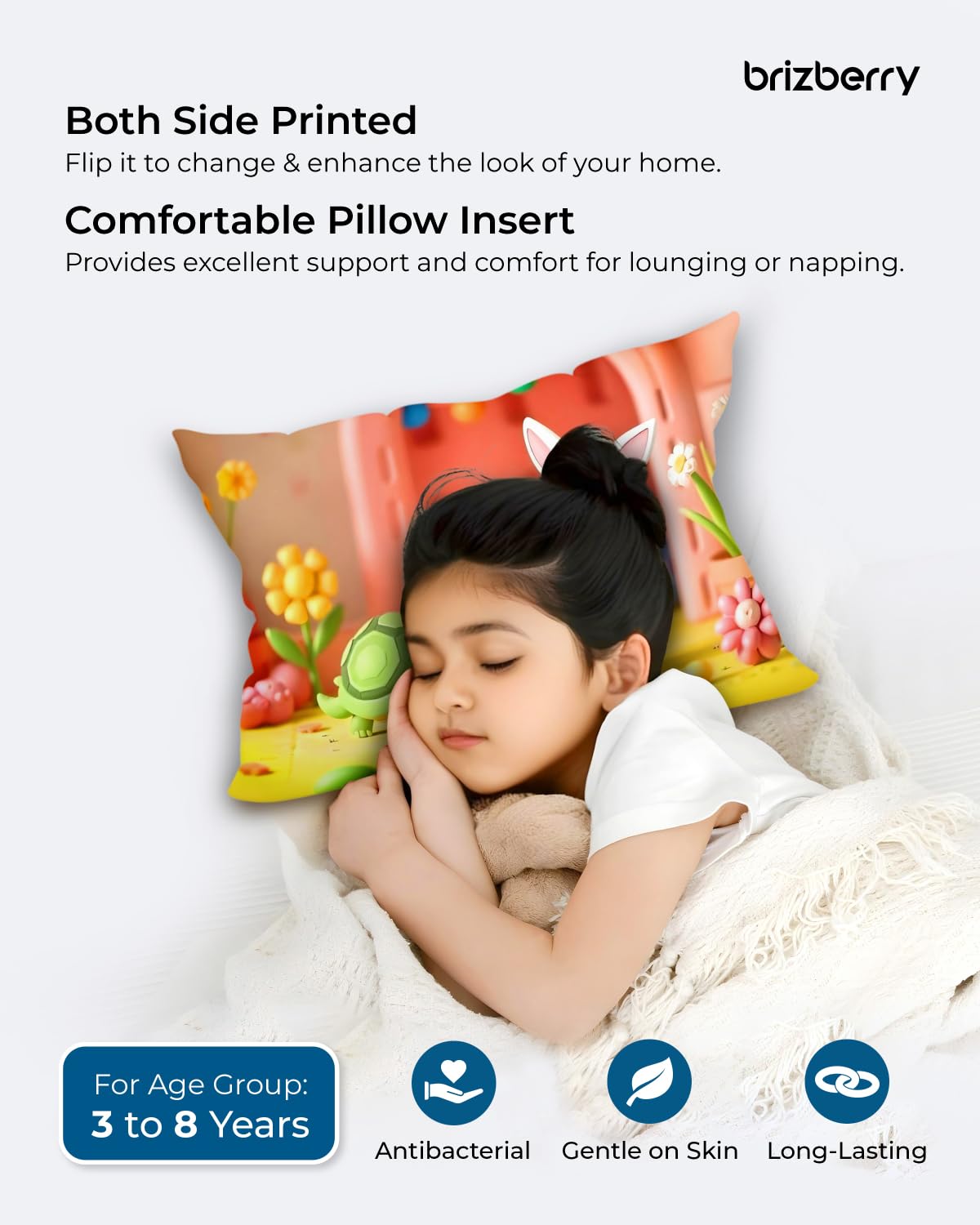 Kids Pillow Cushion With Super Soft Fabric, Animal & Cartoon Prints - 12x18 Inches | Dual Sided Design, Durable & Easy Care | Large & Versatile, Multi-Purpose, Made In India - Design 25