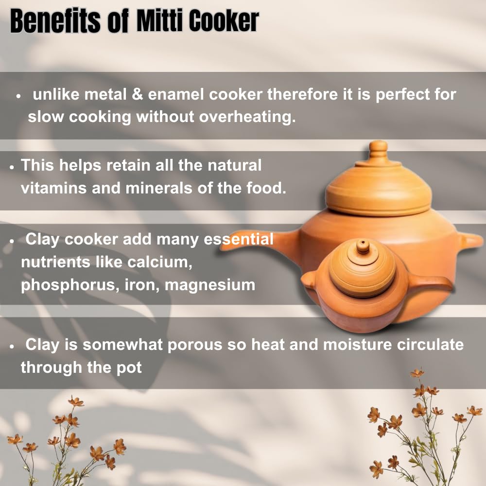 Mitti Cooker With Lid For Cooking Terracotta Handmade Unglazed Clay - Eco Friendly Cooker For Biryani Cooking With Lid, 2.5 Liters | Red-Ochre (Gerua)