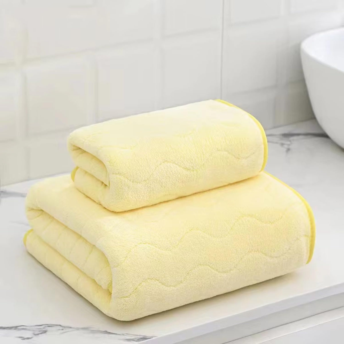 HomeCloud Microfiber Soft & Fuffy Bath & Face Towel 400 Gsm With Hanging Loop | 3x Softer Than Cotton Towels | Highly Absorbent Set Of 2 (Waves Yellow)