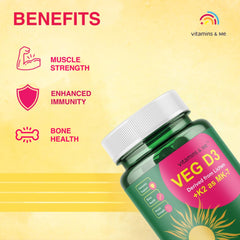 Vitamins & Me Vitamin D3 With K2 As Mk-7 From Lichen, Supports Stronger Immunity & Bone & Heart Health | 120 Vegetable Capsules , 200gm 0.4lbs