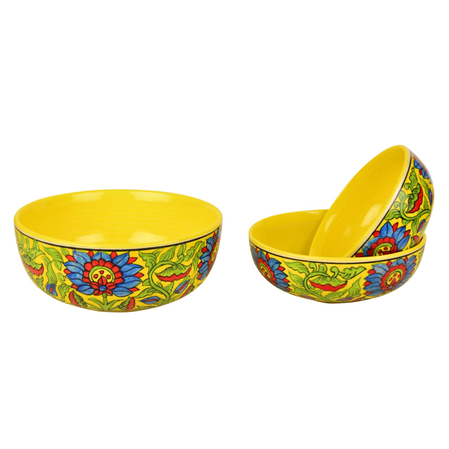 Hand Painted Ceramic Dinner Big Serving Bowls Set Of 3 - Yellow & Multicolor, 1200ml, 1000ml & 800ml | Stackable Kitchen Bowls Set - Mixing Bowls Set