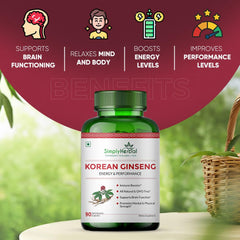 Simply Herbal 1000mg Natural Korean Red Ginseng For Men & Women, Support Healthy Immune System, Heart Health, Promote Endurance, Increase Performance, Fatigue | 90 Veg Capsules 150gm 0.3lbs