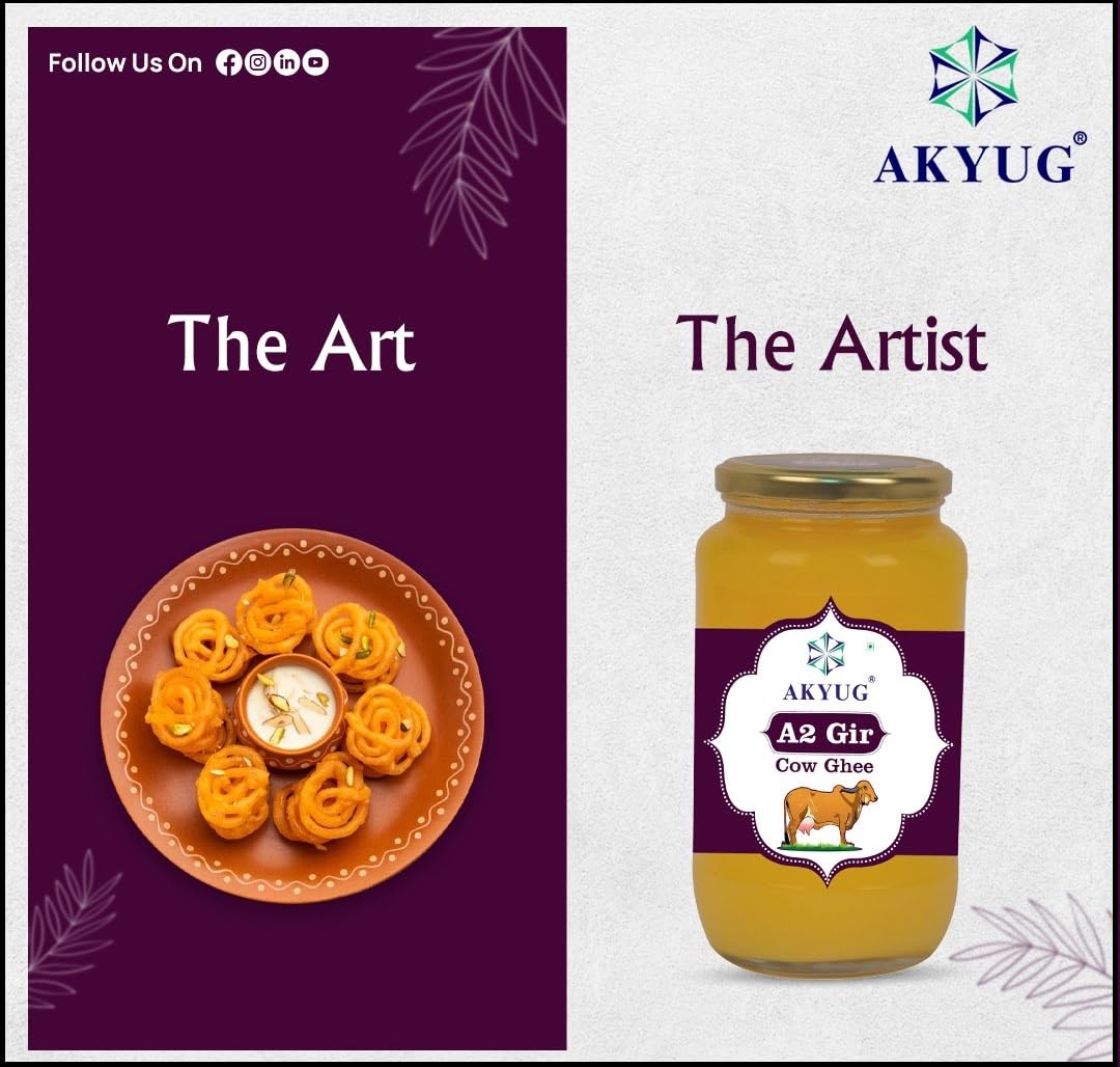 Organic A2 Gir Cow Ghee By Akyug | Tradition Bilona Method A2 Rich Desi Ghee Good For Calcium | (500ml) 16.9 Ounce | Jar Pack