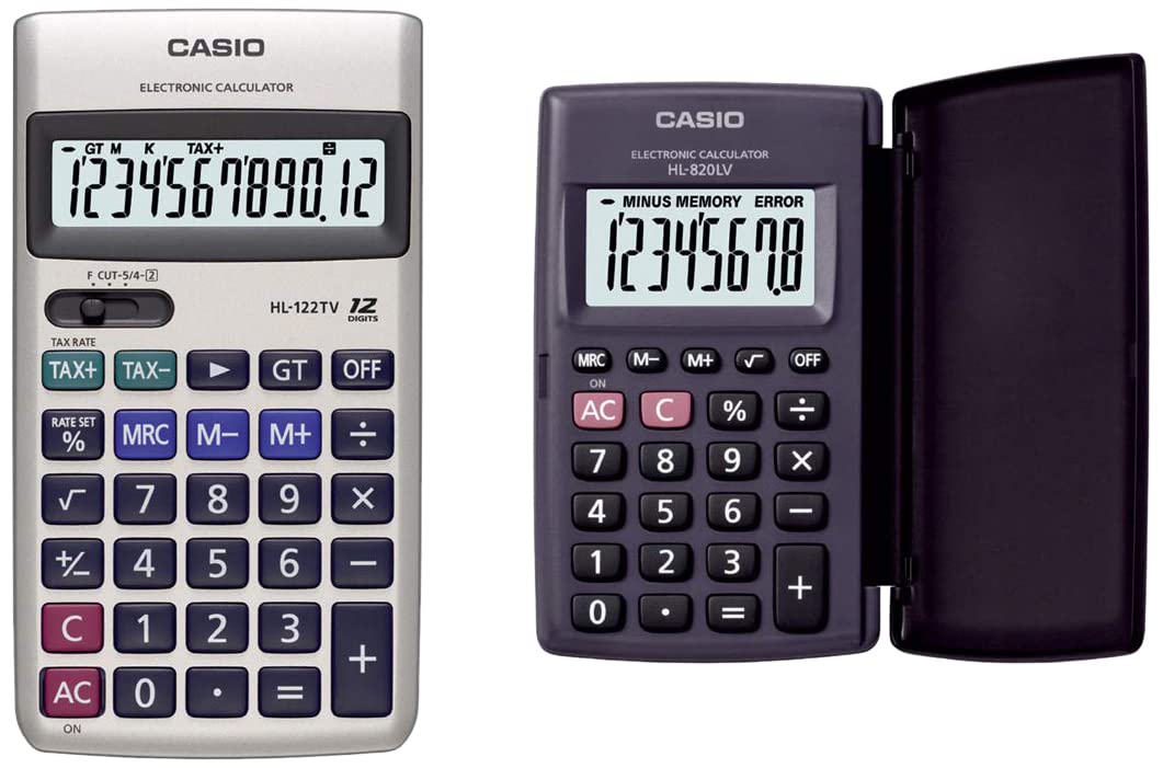 Casio HL-122TV Portable Calculator With Metal Faceplate & GT Key, 12 Digit & Casio HL820LV-BK Portable Calculator With Flap Cover