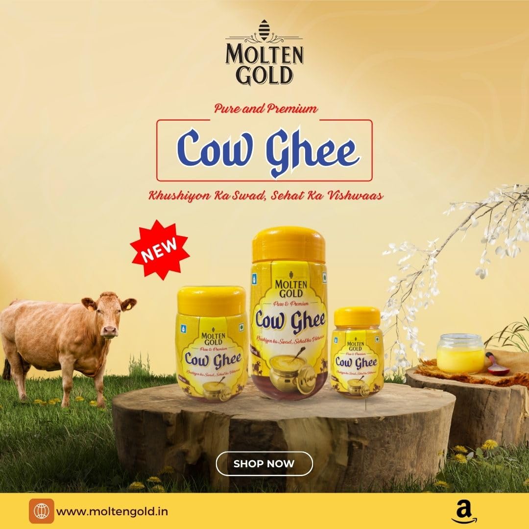 Organic Cow Ghee By Molten Gold | Rich In Vitamin A, D, E & K Healthy Desi Ghee For Frying | (200ml) 6.7 Ounce | Jar Pack