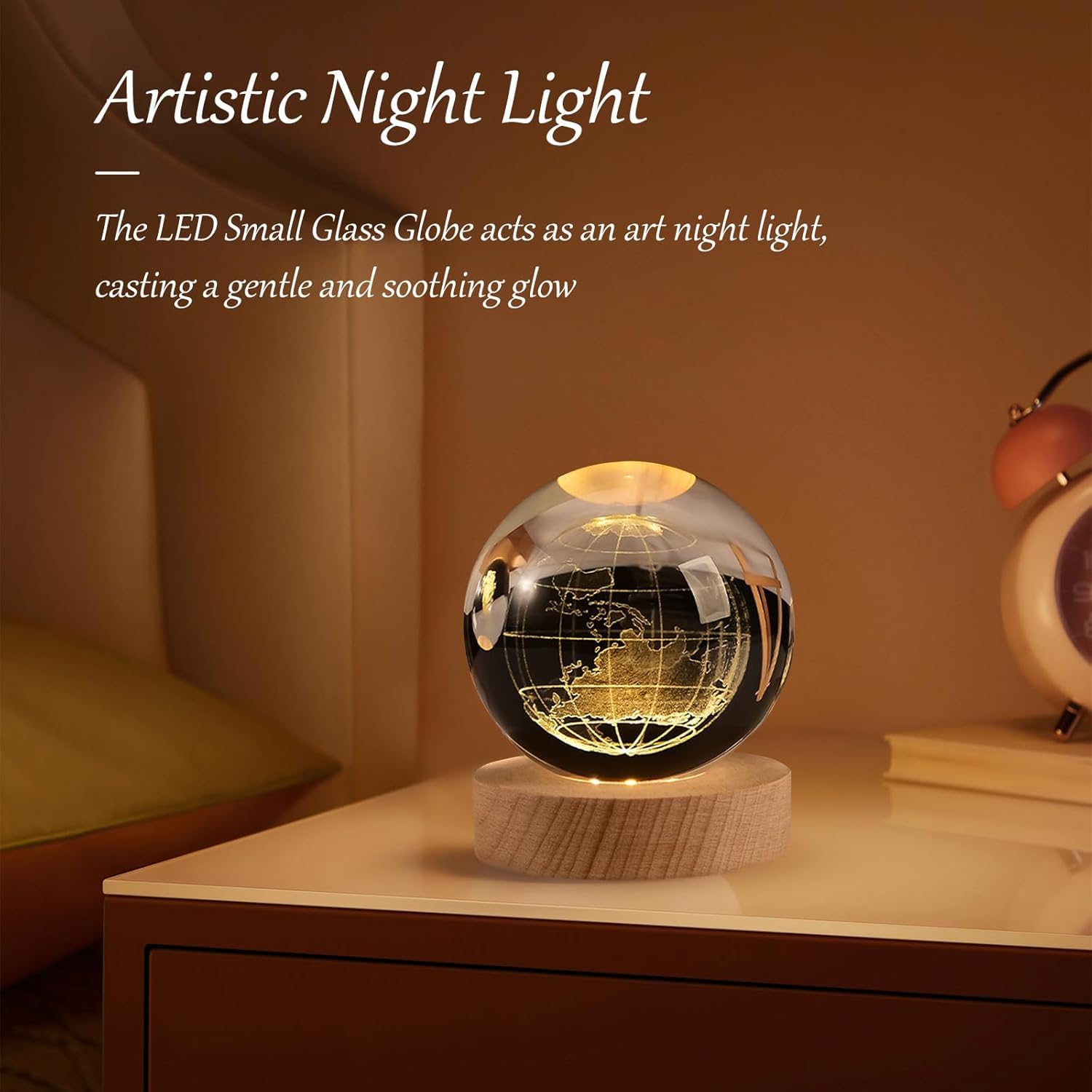 3D Earth Crystal Ball Night Light Glass Ball Night Lamp With Wooden Base, Led Galaxy Planet Night Light Bedroom Decor For Multi Purpose Warm White Light (Globe) Pack Of 1