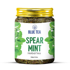 Blue Tea Spearmint Herbal Tea - 100gm Reusable Pet Jar, 3.5 Ounce, 100 Cups | Reduces Facial Hair, Balances Hormones, Supports Digestion - Caffeine Free Dried Loose Leaf
