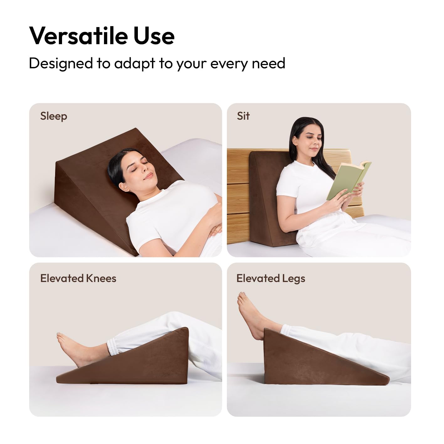 Wedge Plus Cushion For Sleeping, Memory Foam Pillow, Coffee Brown | Acid Reflux Relief, High Resilience Foam | Orthopedic Wedge Cushion For Leg Elevator, Pregnancy, Breathable - Pack Of 1