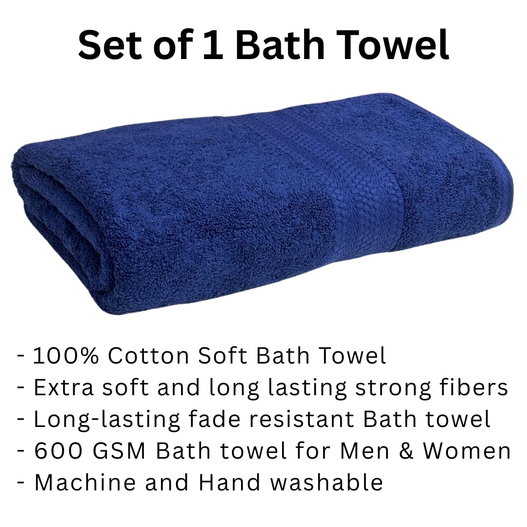 Stamio Cotton Bath Towel 600 Gsm | Two Ply Combed, Extra Soft & Absorbent Large Full Size Towels For Bathing, Home, Sports, Salon, Hotel Use (Navy Blue)