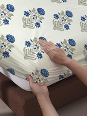 100% Cotton King Size For Double Bedsheet With 2 Pillow Covers - 72 X 78 Inches, Cream & Blue | Durable & Long Lasting Fabric, Easy Hand & Machine Wash