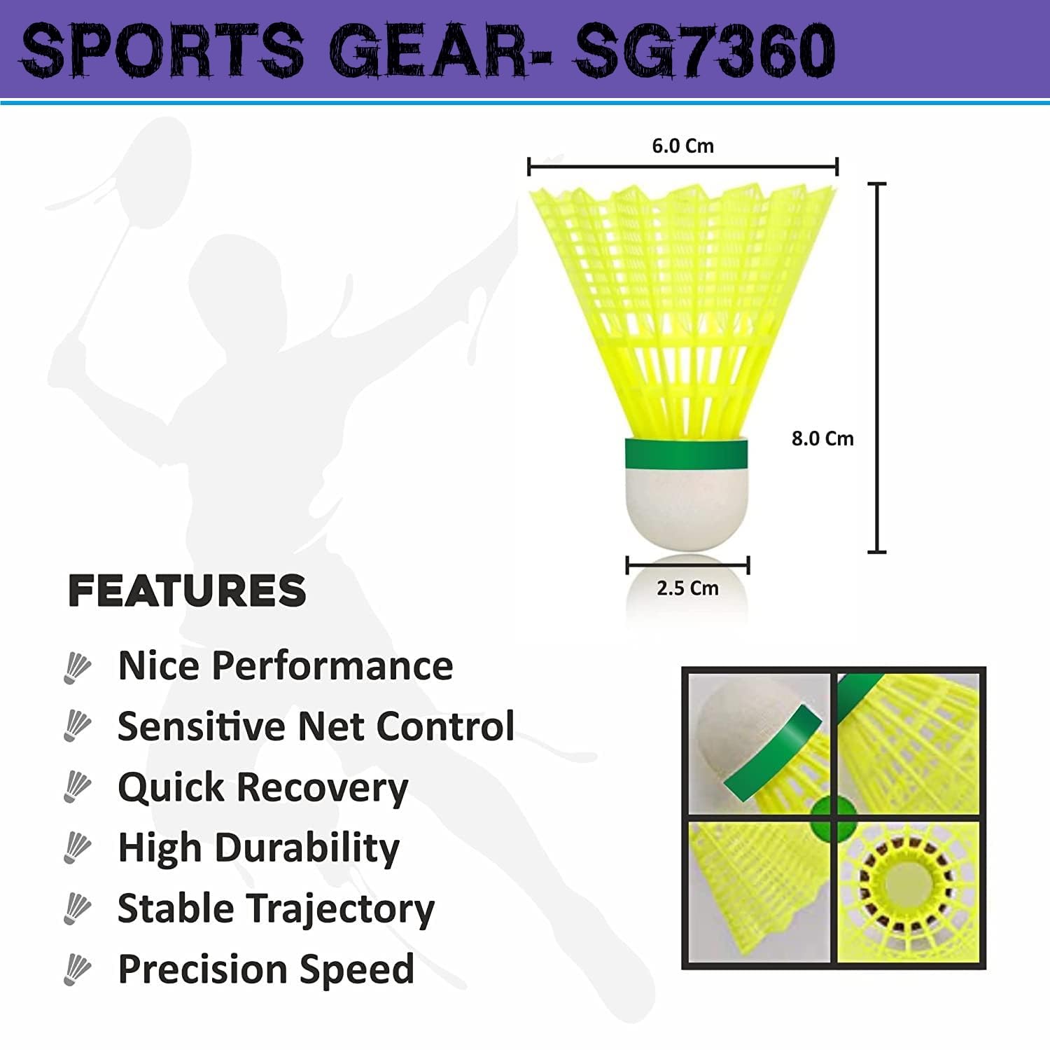 Sports Gear SG7360 Nylon Badminton Shuttlecock , Fast Recovery & Stable Trajectory | Green , Pack Of 6
