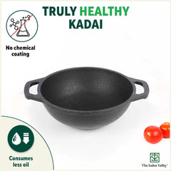 Pre-Seasoned Black Cast Iron Cookware Set - Kadai 20.5cm, 1.4 Liters + Kadai 25.6cm, 2.4 Liters | Kitchen Cooking Combo Pots & Pans Set Of 2 Pcs - Naturally Nonstick