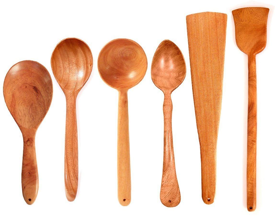 Brown Neem Wood Compact Flip, Spatula, Ladle For Cooking Dosa, Roti, Chapati | Kitchen Tools - No Harmful Polish, Naturally Non-Stick | Handmade Set Of 6, 23 Cm