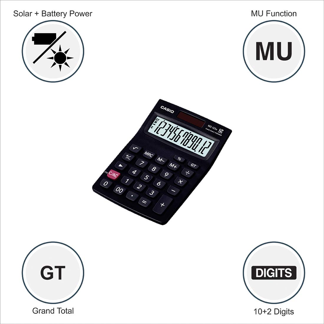 Casio Mz-12sa Desktop Calculator With Square Root And Gt Key | 3 Years Warranty Manufacturer | 12 Digits, 2-way Powered