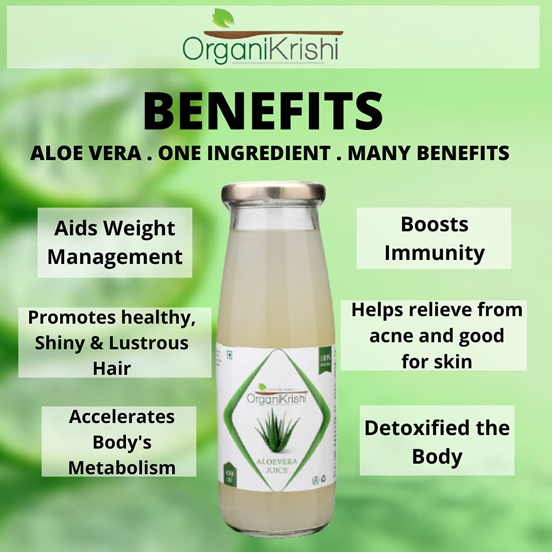 Organikrishi Aloe Vera Juice With Pulp In Glass Bottle, Barbadensis Miller Variety, No Added Sugar | 450ml 0.9lbs