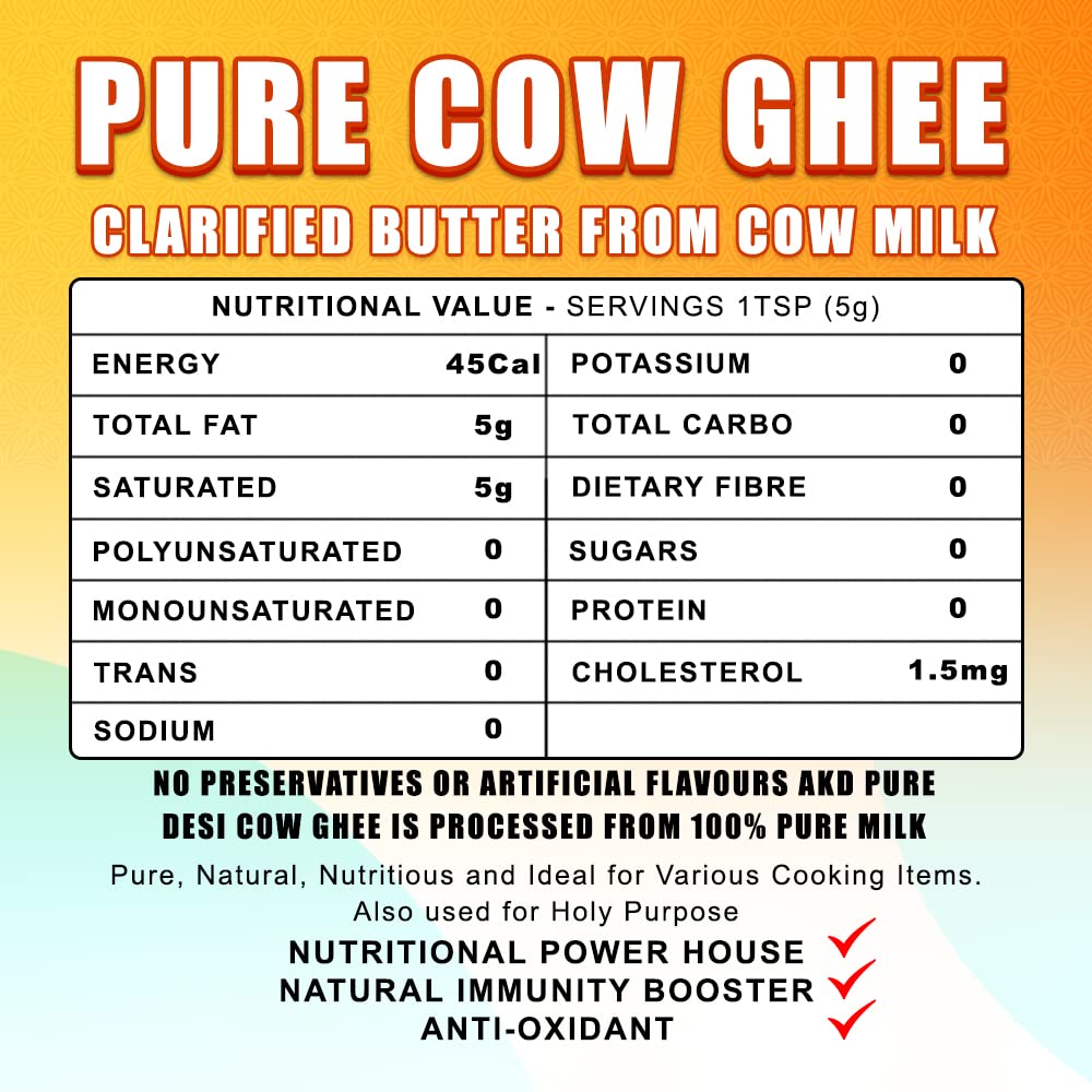 Premium Desi Cow Ghee By AKD | High In Protein Fiber & Nutrients Healthy Desi Ghee Good For Cooking, Frying | (500ml) 16.9 Ounce & (250ml) 8.4 Ounce | Jar Pack