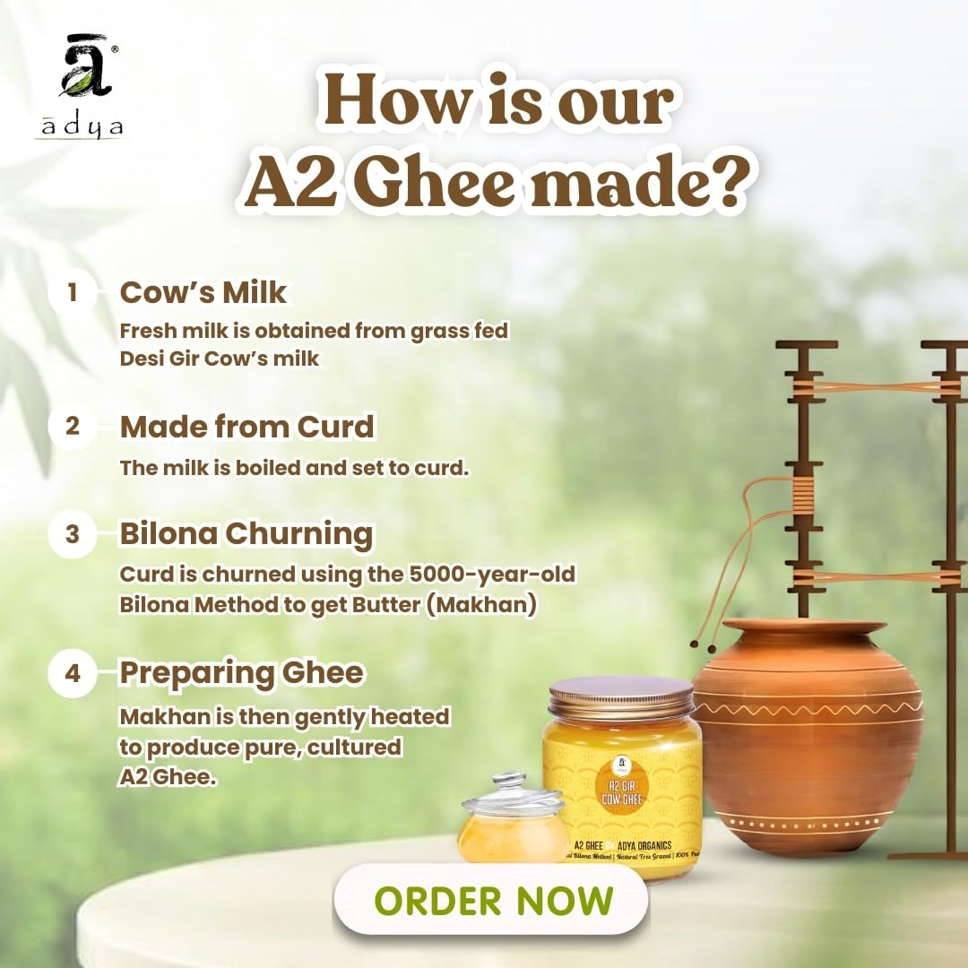 Premium A2 Gir Cow Ghee By Adya Organics | Good Source Of Healthy Desi Cow Ghee Perfect For Glowing Skin | (500ml) 16.9 Ounce | Jar Pack