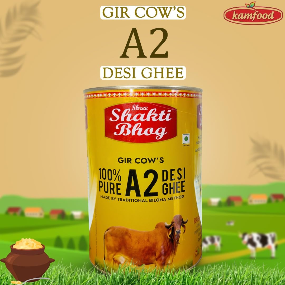 100% Pure A2 Gir Desi Ghee By Shree Shakti Bhog | High In Vitamins A, D & Healthy Desi Cow Ghee Good For Cooking | (1 Litre) 33.8 Ounce | Tin Pack