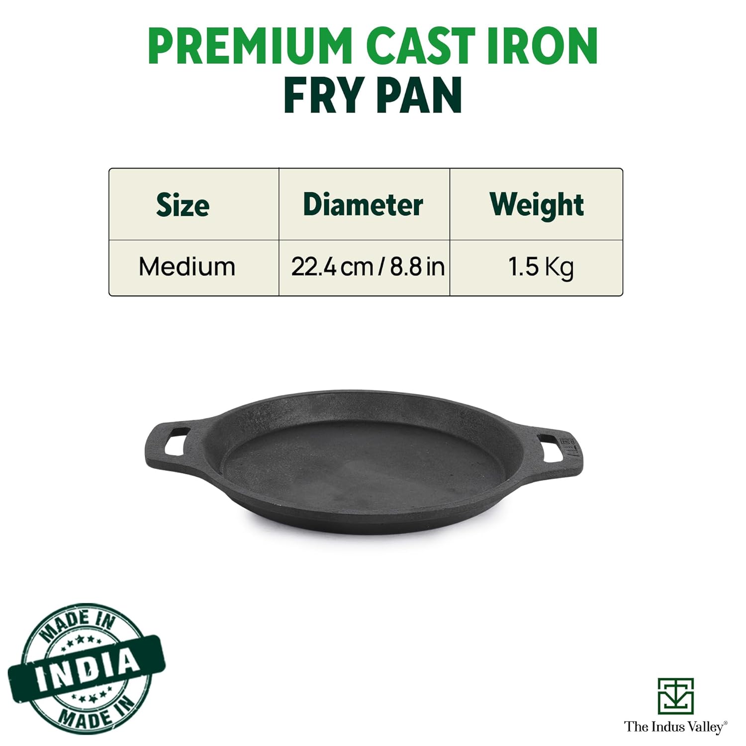 Pre-Seasoned Black Cast Iron Fish Fry Pan With Double Handle - Medium 22.4 Cm, 8.8 Inch, 1.5 Kg | Induction Friendly, Nonstick Fish Fry Pan, 100% Pure & Toxin Free, No Chemical Coating