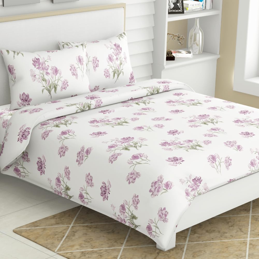 Double Bed Floral Bedsheet For Queen Size With 2 Pillow Covers - 90 X 100 Inches, White & Lilac | Smooth, Soft & Breathable | Ideal For Everyday Use