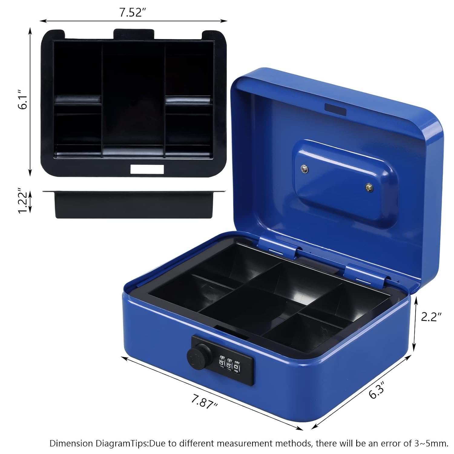 Medium Metal Cash Box With Combination Lock Safe & Money Tray For Security 7.87"X 6.30"X 3.54" Colour - Blue