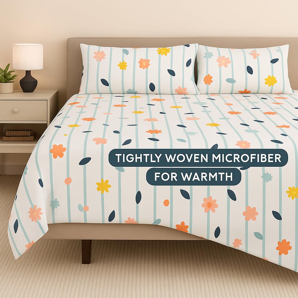 Microfiber Bedsheet For King Bed Include Pillow Covers - 108x108 Inches, White | Flowers Design Cooling & Breathable Ultra-Comfortable Bedding Set