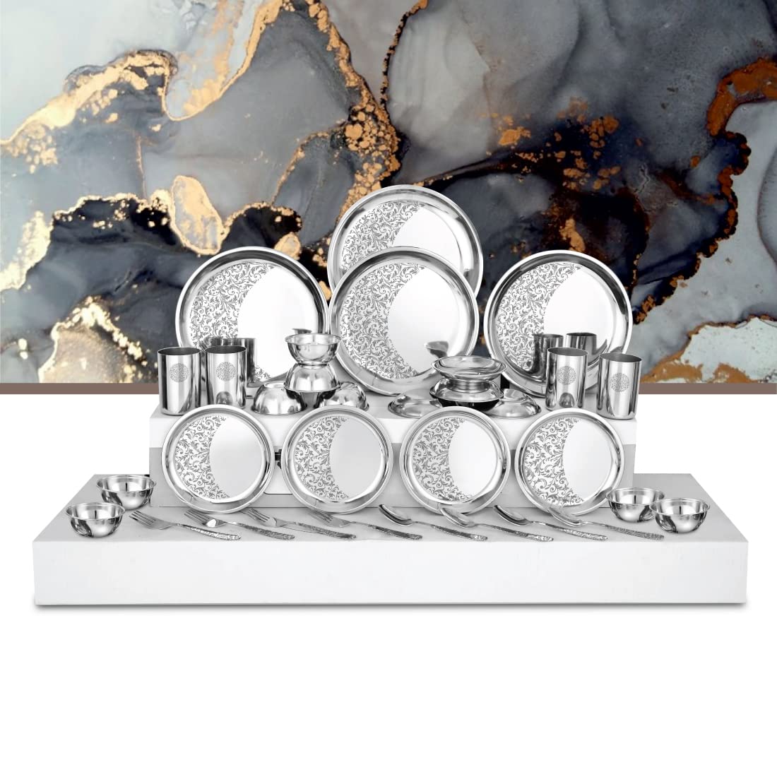 Designer Stainless Steel Delight Floral Laser Bloom Leaf Dinner Set Of 28 Pieces, Silver | 4 Dinner Plates+ 4 Glasses+ 8 Bowls+ 4 Pudding Bowls+ 4 Dessert Spoons+ 4 Dessert Fork