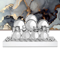 Designer Stainless Steel Delight Floral Laser Bloom Leaf Dinner Set Of 28 Pieces, Silver | 4 Dinner Plates+ 4 Glasses+ 8 Bowls+ 4 Pudding Bowls+ 4 Dessert Spoons+ 4 Dessert Fork