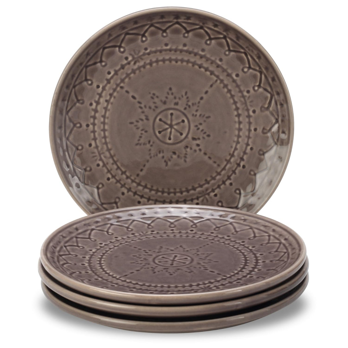 Ceramic Hand Glazed Stoneware Embossed Small Plates Set Of 4 - 7.4 Inch, Ash Grey | Microwave Safe & Dishwasher Safe – Handcrafted Quarter Plates Set