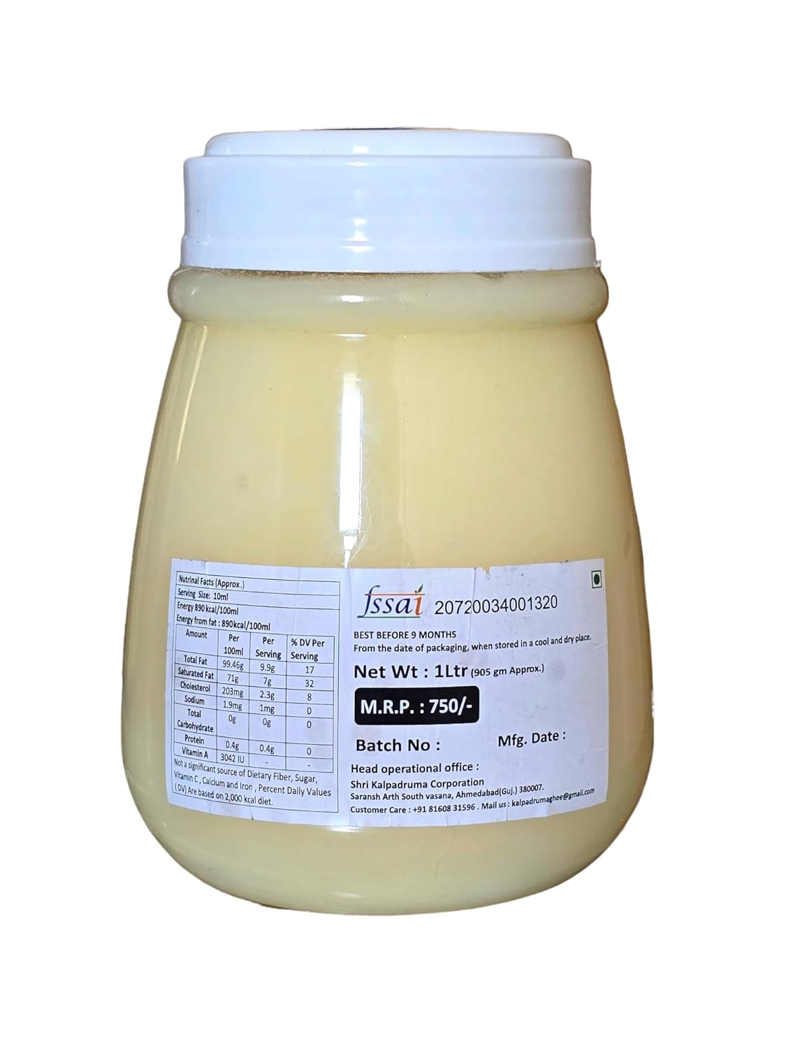 Pure Natural A2 Buffalo Ghee By Shri Kalpadruma | Rich In Vitamin A & Healthy Nutrients Desi Ghee Perfect For Use Puja | (1 Litr) 33.8 Ounce | Jar Pack