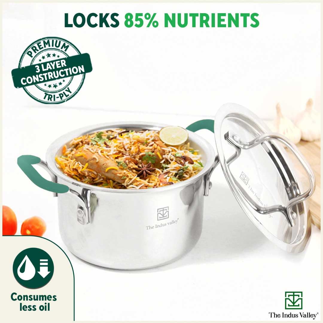 Triply Stainless Steel Stock Pot Or Biryani Pot Or Casserole With Steel Lid | Medium 21.6cm, 8.5 Inch, 3 Liters, 1.4 Kg - Induction Friendly, Nonstick 3-Layer Body, 100% Pure & Toxin-Free