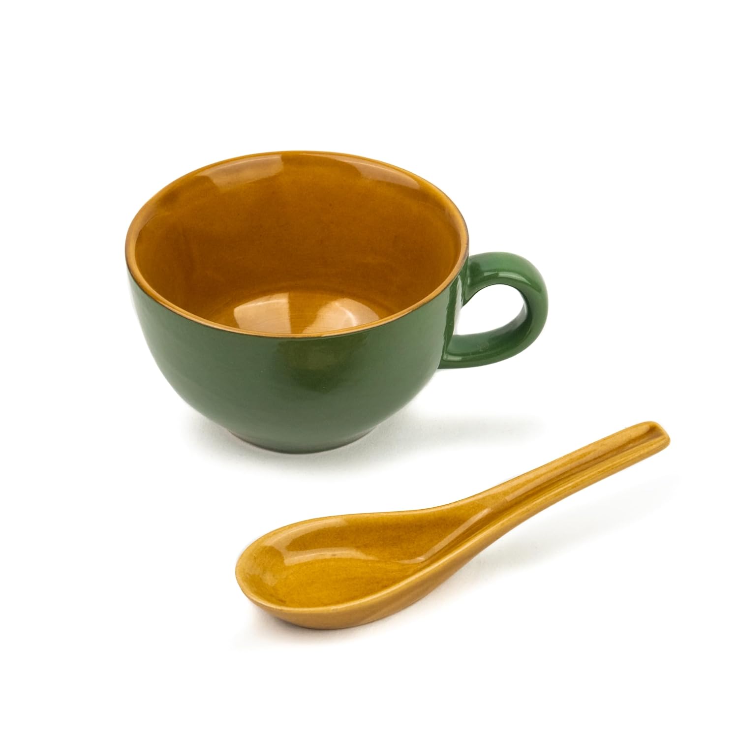 Ceramic Soup Bowl Set With Spoon Set Of 2 - Chrome Green, 350ml Each | 2 Soup Bowls + 2 Soup Spoons - Soup Mug, Soup Cup | Glossy Finish Ceramic Soup Bowls - Microwave Safe & Dishwasher Safe