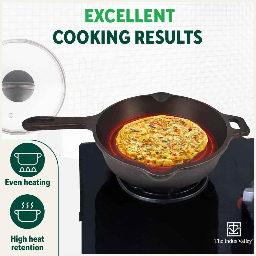 Super Smooth Black Cast Iron Fry Pan Or Skillet With Glass Lid - Small, 20.3cm, 8 Inch, 1.3 Liters, 2.3 Kg | Induction Friendly, Nonstick, Pre-Seasoned Fry Pan, 100% Pure & Toxin Free