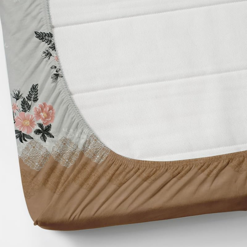 Pure Cotton Full Elastic Fitted Bedsheets For Double King Size Bed With 2 Pillow Covers | 72x78+10 Inches, Grey & Brown | Super Soft Brushed Glace | Breathable & Wrinkle Free