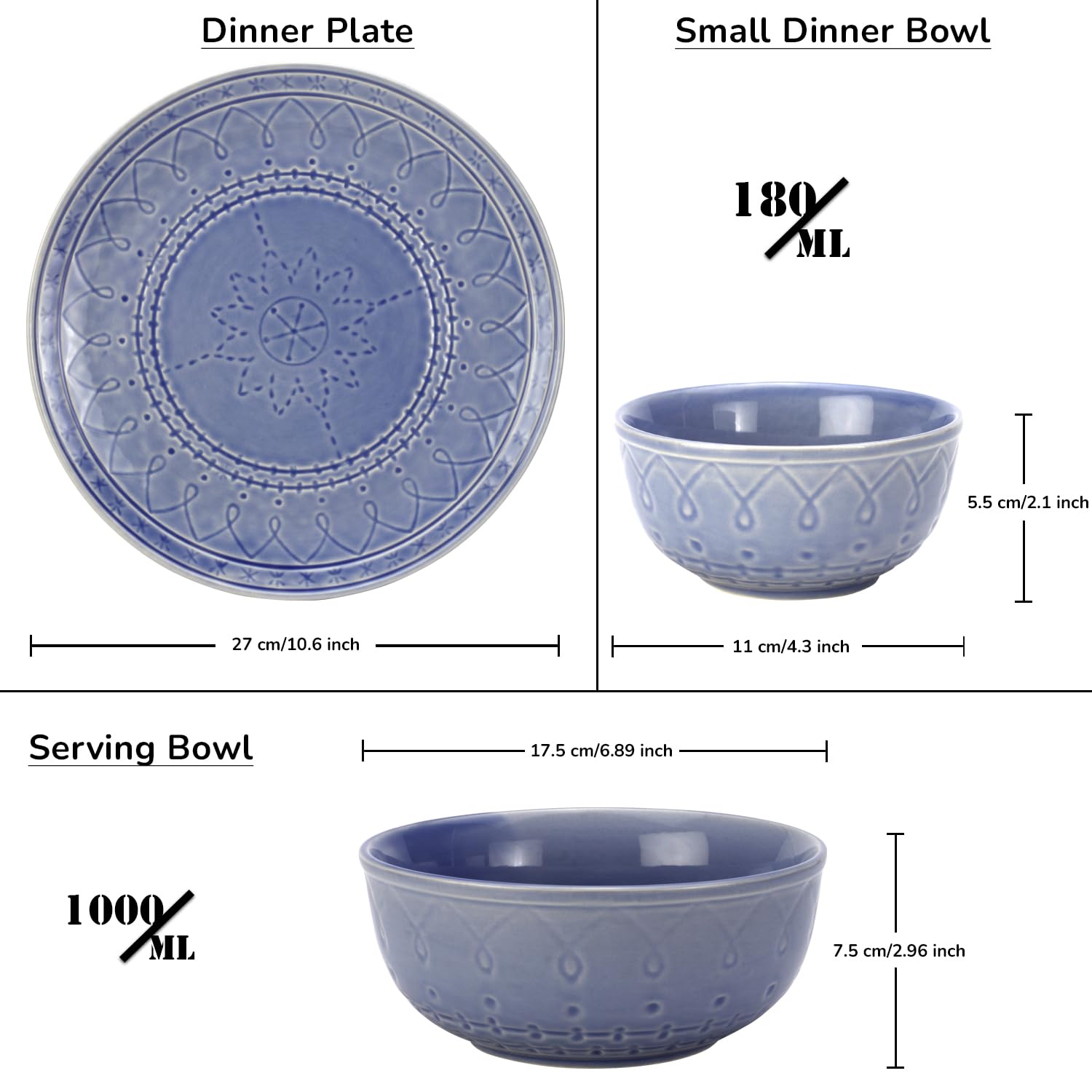 Handcrafted Stoneware Embossed Ceramic Dinner Set Of 20 Pcs With Serving Bowls Set - Mist Blue | 6 Dinner Plates+ 12 Small Dinner Bowls, 180ml Each+ 2 Serving Bowl, 1000ml Each | Serving For 6