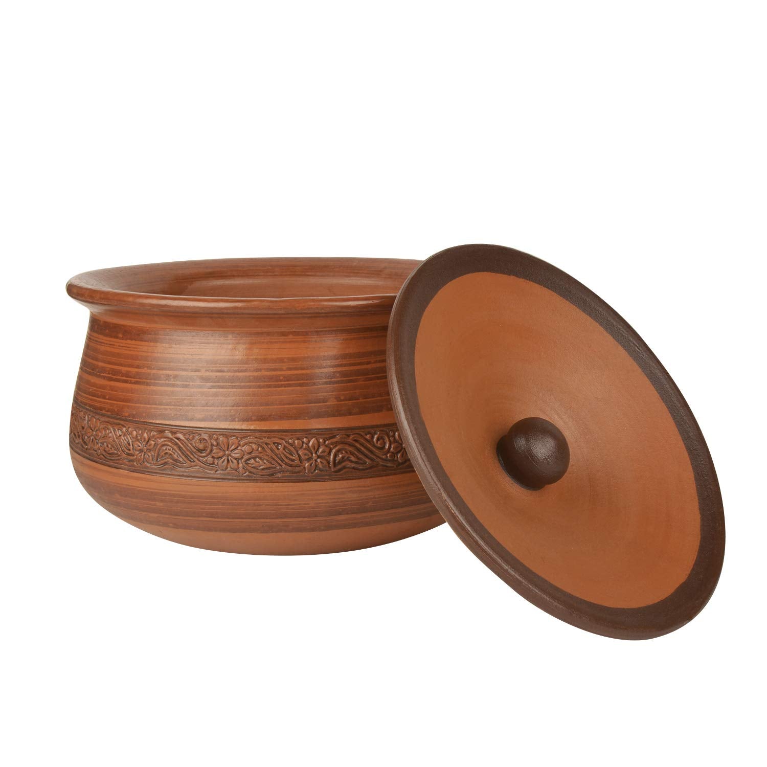 Handcrafted Earthenware Clay Handi Or Pot With Lid For Cooking & Serving - Brown, 2 Liters | Clay Dahi Handi, Mathni - Clay Handi For Gas Cooking