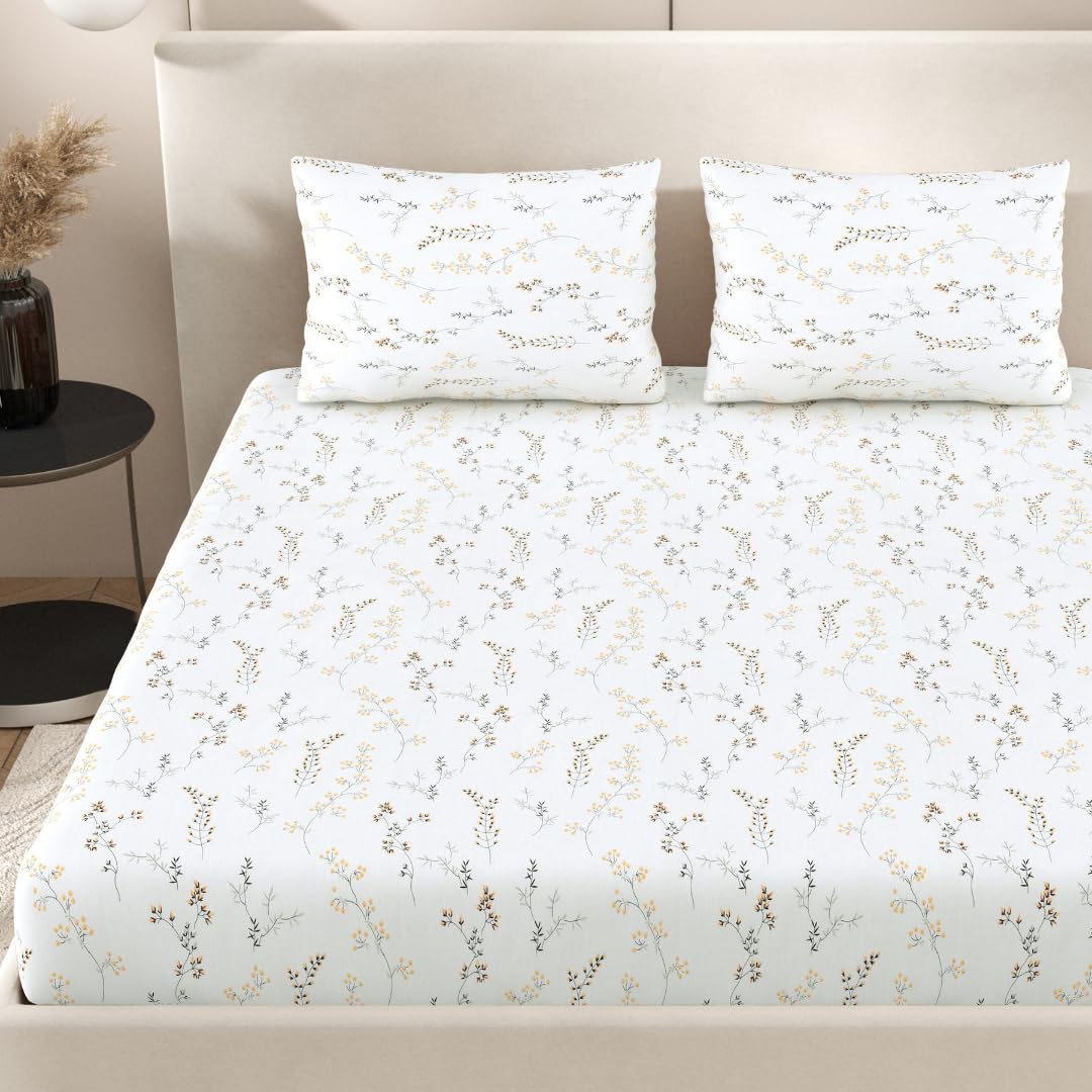 Queen Size Pure Cotton Bedsheet With 2 Pillow Covers | 90 × 100 Inches, Yellow & White | Soft Breathable Floral Design Bedding | Comfortable Sleep All Year