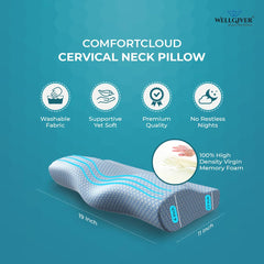 Cervical Memory Foam Pillow For Neck Pain, Standard Size - 19 X 11 X 4 Inch | Orthopedic Pillow Spondylitis Neck & Shoulder, Head Pain | Washable Jacquard Blue Cover - Pack Of 1